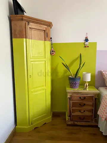 Corner shape Vintage-Style Wardrobe in Muted Green and Wood Finish
