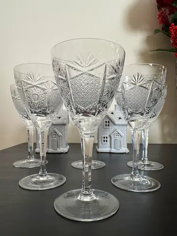 Set of 6 vintage cut crystal wine glasses ,made Czech Republic