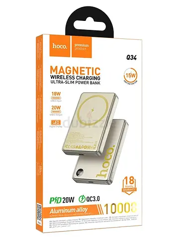 HOCO | Q34 Clever 10000mAh Magnetic Wireless Power Bank | PD 20W USB-C + 15W/10W/7.5W/5W Wireless