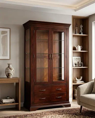 Solid Wood Display Cabinet with Glass Doors and Drawers - Dark Brown
