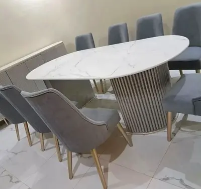 Luxury Custom Marble Dining Table with Fluted Gold Base – Modern Oval Statement Dining Table