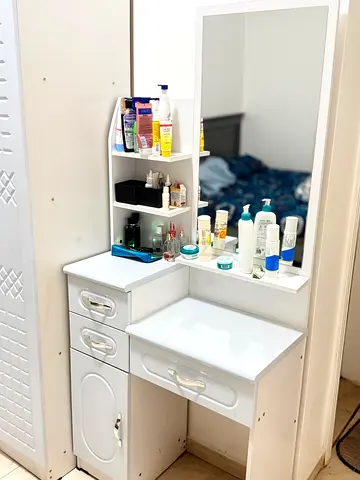 My white dressing table with mirror and shelves