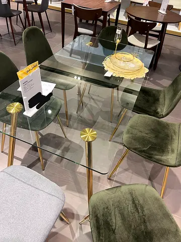Glass Top Dining Table with Velvet Green Chairs (Set of 6) - Modern Design