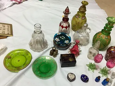 Antique Bohemia crystal color glass Assorted vintage decorative glass and perfume bottle collection-