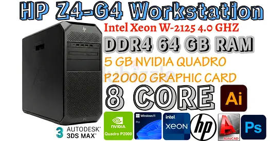 4.0 GHZ HP Z4-G4 Workstation-Intel Xeon W2125 CPU-512GB NVME SSD-5GB NVIDIA QUADRO P2000 GRAPHIC