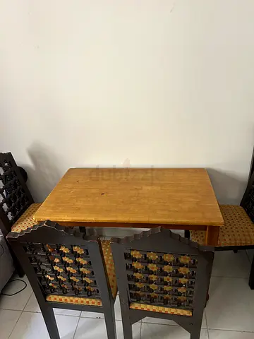 Solid Wood Side Table with 4Carved Cane Seat Chairs