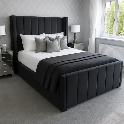 Dark Grey Upholstered Double Bed with Padded Headboard and Footboard