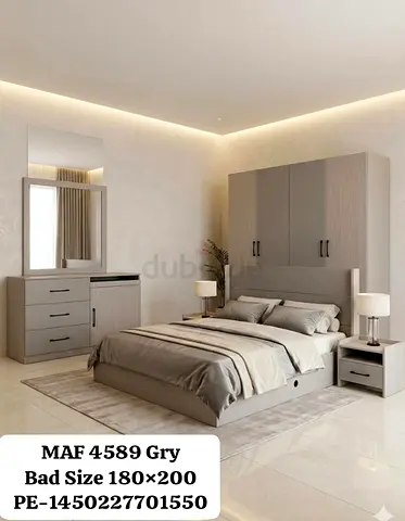 Modern Grey Bedroom Set - Bed, Wardrobe, Dresser  Nightstands (180x200)