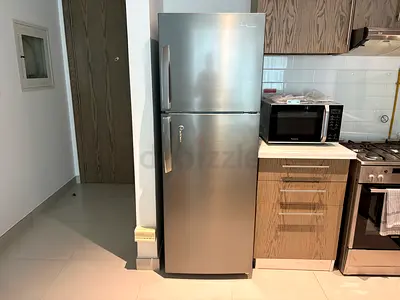 Silver double-door refrigerator - good condition, 2-door fridge/freezer