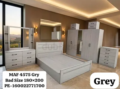 Grey 6-Piece Bedroom Set with Bed, Wardrobe, Dressers and Mirror (180x200cm)