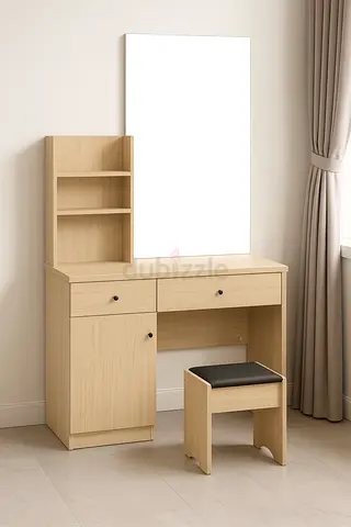 Modern Beige Dressing Table with Mirror  Storage Shelves – Melamine Vanity Table with Stool for Bed