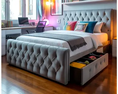 Gray colour kiñg size bed with drawers