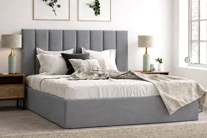 Brand New My grey upholstered queen bed with padded headboard — good condition