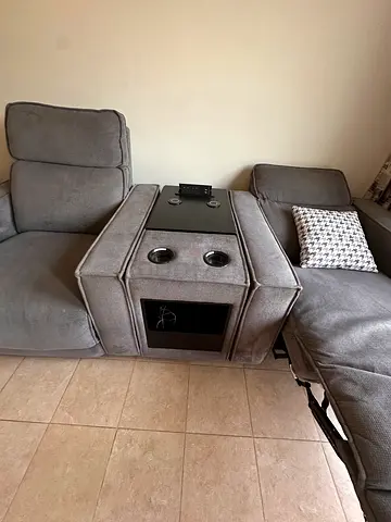 Gray Fabric Reclining Sofa with Center Console and Cup Holders