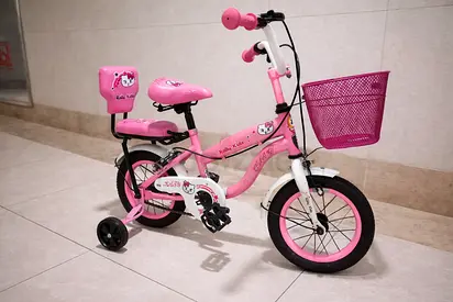 Pink Kids Bicycle with Training Wheels and Front Basket - Hello Kitty Style