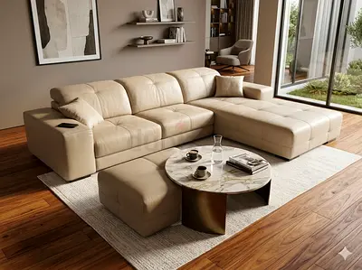 Almost like new condition Natuzzi L shape Leather sofa with footstool