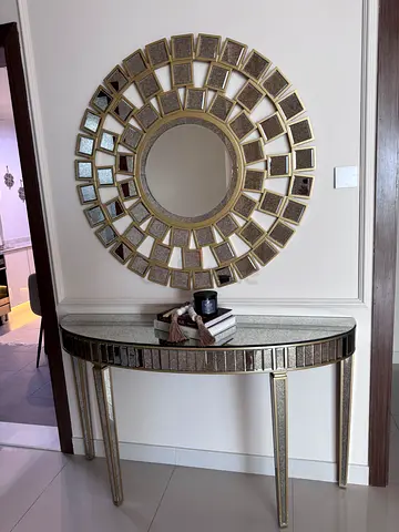 Decorative round mirrored wall mirror with matching console table - silver finish