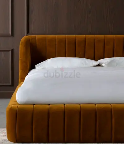 Brand new velvet upholstered bed frame - mustard brown, channel design