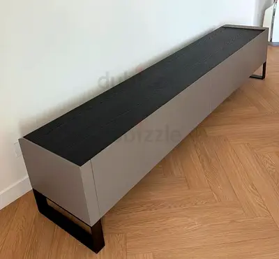 Modern low-profile media console / TV cabinet - grey with black top