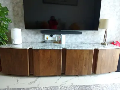 My solid wood TV console with marble top - 4-door entertainment cabinet