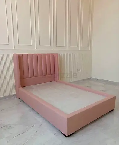 Pink Upholstered Single Bed Frame with Padded Headboard