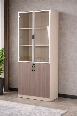 Grey Khaki Office Storage Cabinet with Glass Doors – Wooden Book Shelf  File Cabinet For Office