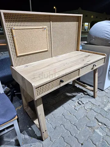 IKEA-style wooden study desk with pinboard - light oak finish