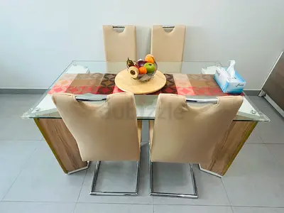 Glass Top Dining Table with 4 Beige Upholstered New Chairs - Modern Set