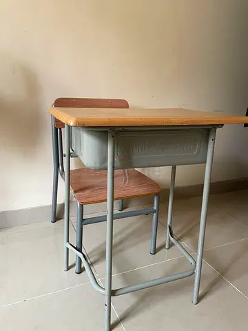 Single student desk with attached chair - wooden top, metal frame