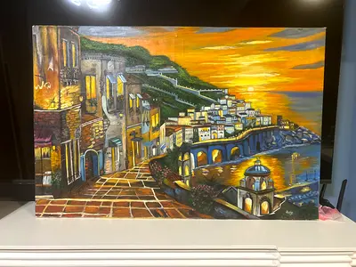 Sunset Coastal Village — Original Acrylic Painting on Canvas