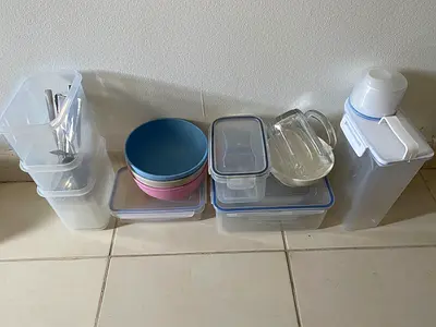 Plastic food storage containers, bowls  pitcher - set