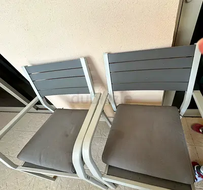 IKEA outdoor furniture set (2 bench, 2 chairs, table, umbrella and cushions) - metal, textile.