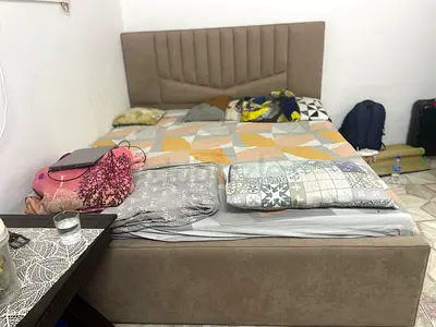 King-size upholstered bed frame with headboard and mattress - used, good condition