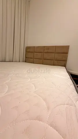Queen size bed frame and mattress with upholstered headboard (beige) - Perfect Condition