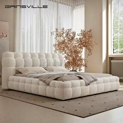 My Gainsville bouclé tufted low-profile bed — cream, excellent condition