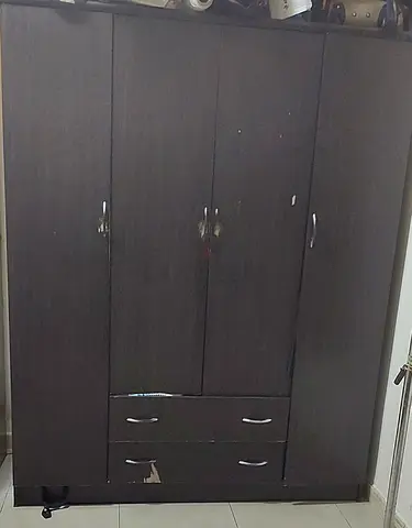 Dark Wood 4-Door Wardrobe with Drawers - Good Condition
