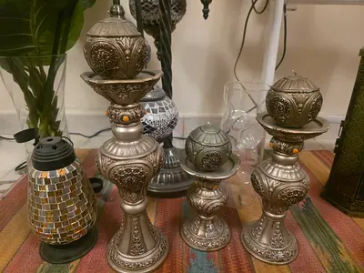 Set of 3 Ornate Metal Candle holders with candles from lifestyle. NEW