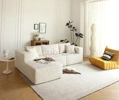 White ribbed fabric L shaped sectional sofa