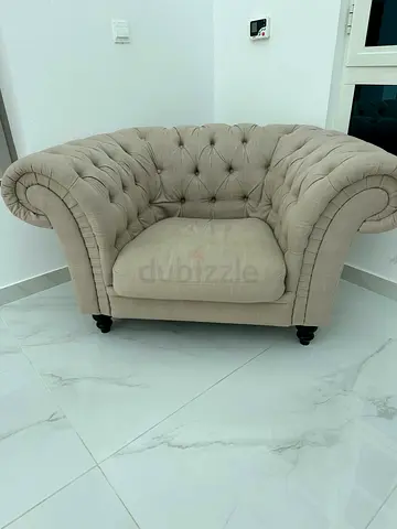 Beige Chesterfield Armchair – Single Seater, Button-Tufted