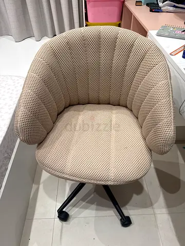 Study chair - Beige Upholstered Swivel Accent Chair with Sculpted Back (Good Condition)