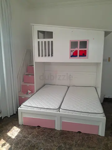 White  Pink Kids Bunk Bed with Twin Mattresses and Storage