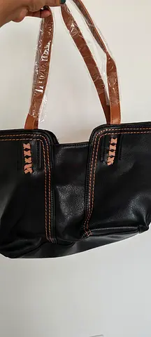 Black leatherette shoulder bag with brown straps - good condition