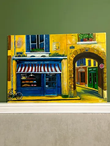 Original Street Cafe Painting on Canvas — Vibrant Yellow Facade size:70*100cm