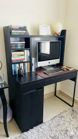 Ikea Micke Black Wooden Computer Desk with Upper Shelf and Drawer - Good Condition