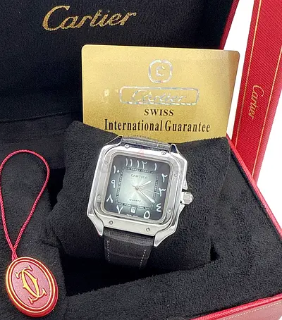 Cartier Santos-style Mens Watch with Arabic Numerals, Box and Guarantee Card
