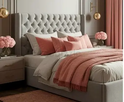 New Light grey upholstered bed with tufted headboard