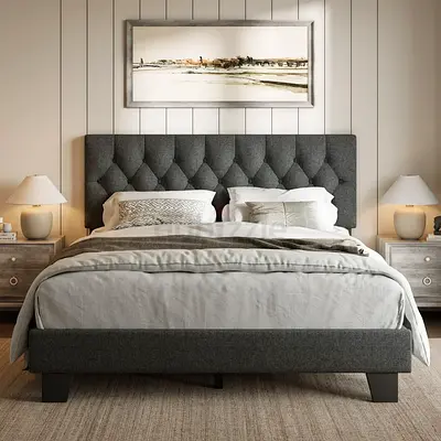 Diamond button tufted headboard full size bed frame