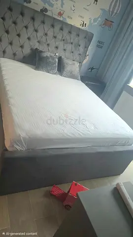 Grey upholstered king-size bed frame with tufted headboard and two side table (without mattress )