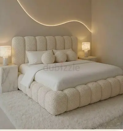 Bouclé Upholstered Bed - Cream Padded Platform (My Bed)