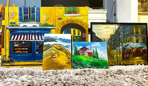 Set of 4 with one Framed  Canvas Landscape Paintings - Mixed Sizes